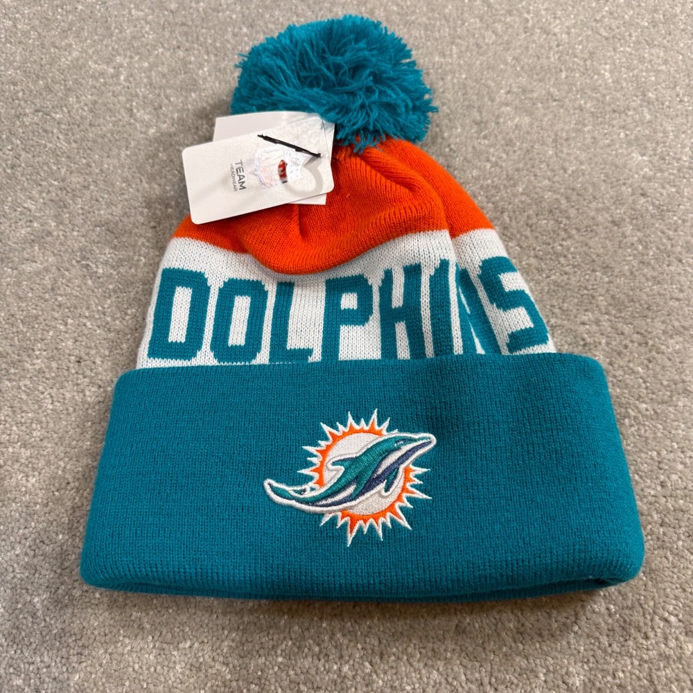 NFL Miami Dolphins Pom Beanie Hat Aqua Orange Knit Team Apparel NWT One Size